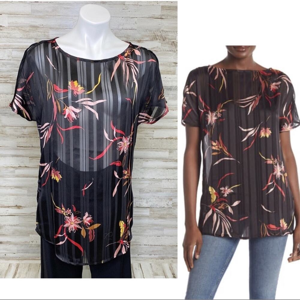 14th & Union Sheer Floral Top Womens Size S Black Striped Split Sleeve Blouse